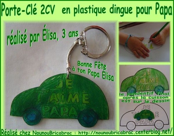 Porte-clé 2CV en plastique dingue réalisé par Élisa, 3 ans